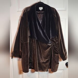 Monika Turtle Vintage Soft Brown Black Velour Open Front Lined Wrap Coat